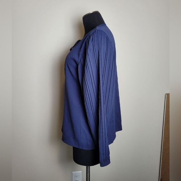Navy Blue Pleated Sleeve Blouse Office Corporate Formal Church Modest Medium - Picture 3 of 9